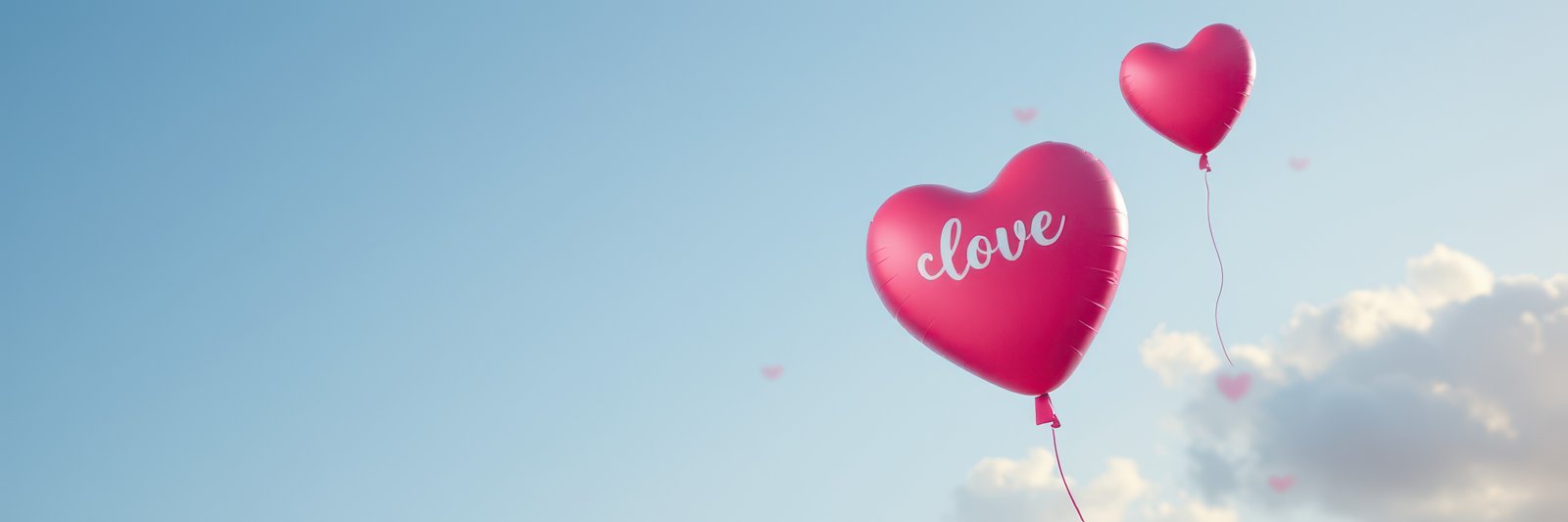 Pink heart balloons ascend against a light blue sky dotted with fluffy white clouds